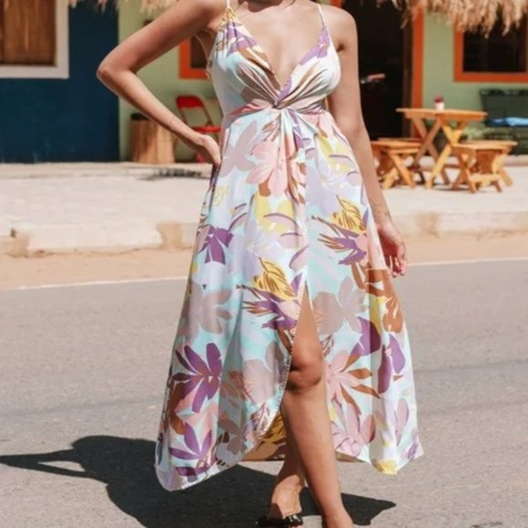 Cupshe Other - NWT Purple Pink Leafy Tropical Print Maxi Slip Dress Size Medium